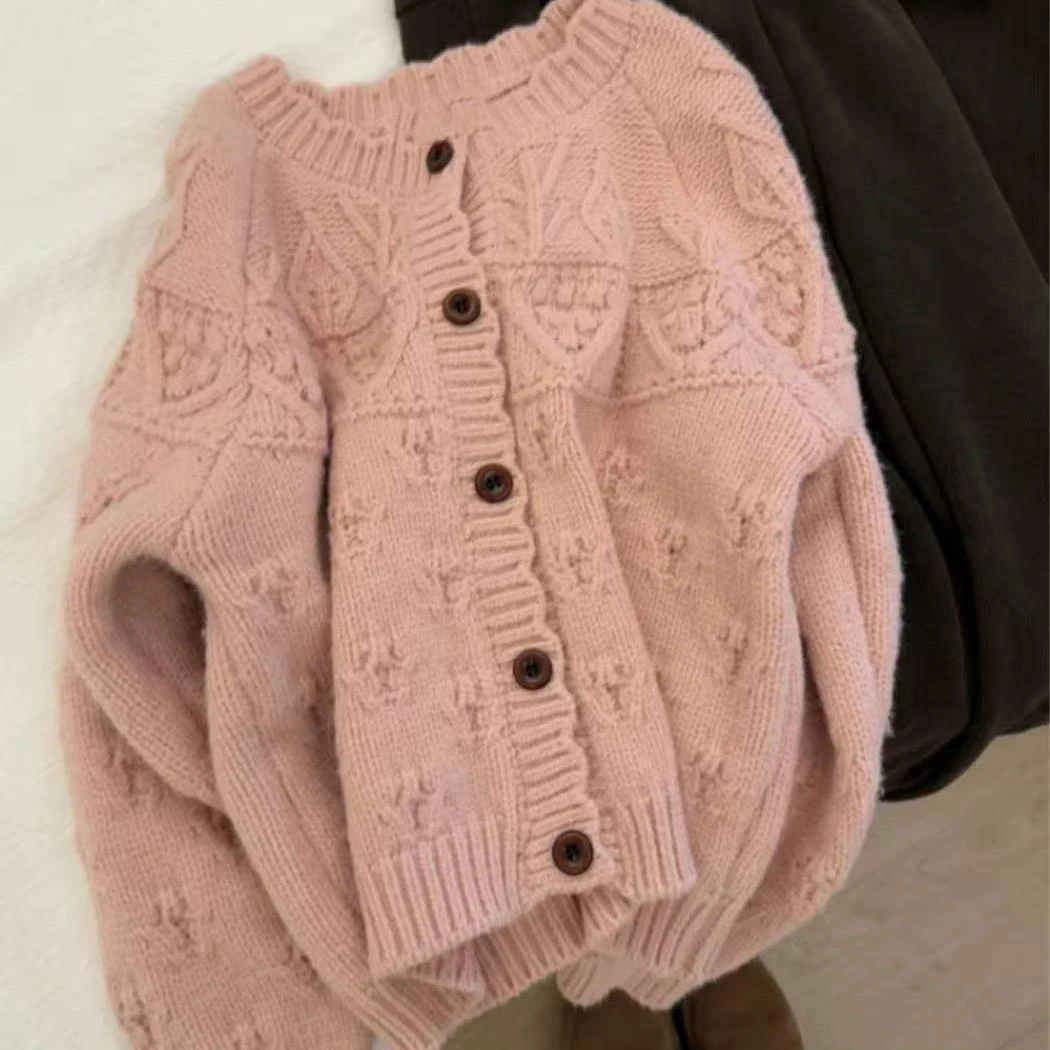 【法式钩花粉色开衫】宽松慵懒风高级感针织开衫外套