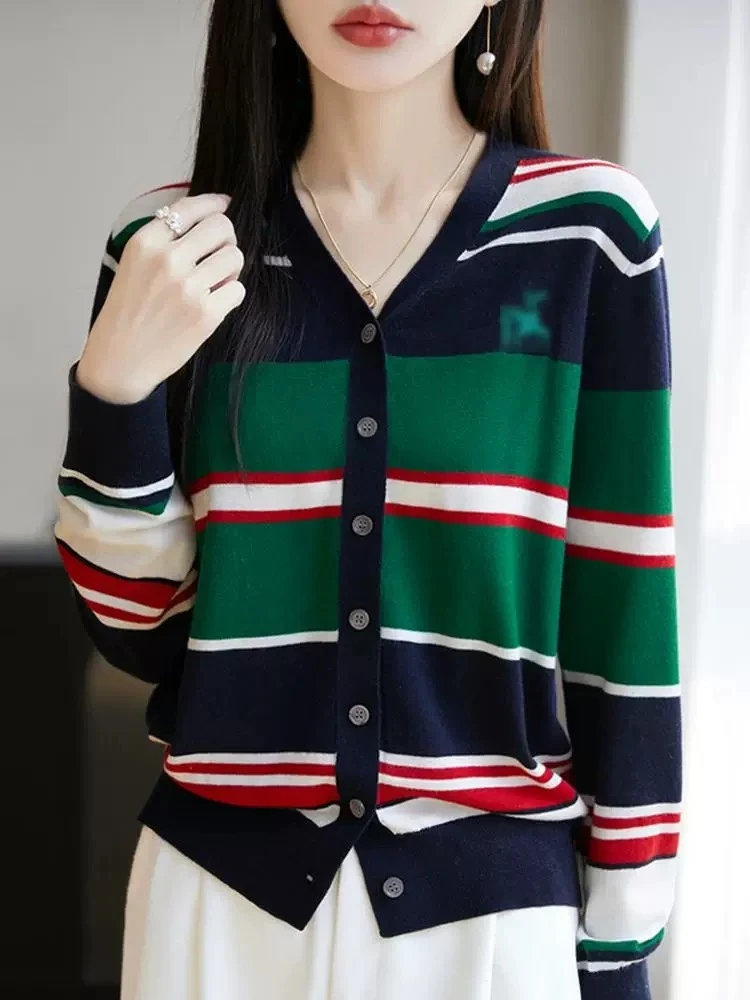 高级感拼色条纹针织开衫女早秋新款v领长袖毛衣外套洋气百搭3-229