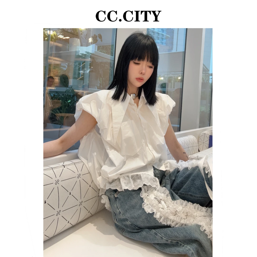 【蔡丽丽&添羽】时尚洋气百搭个性泡泡袖衬衣拼接花边上衣W1581