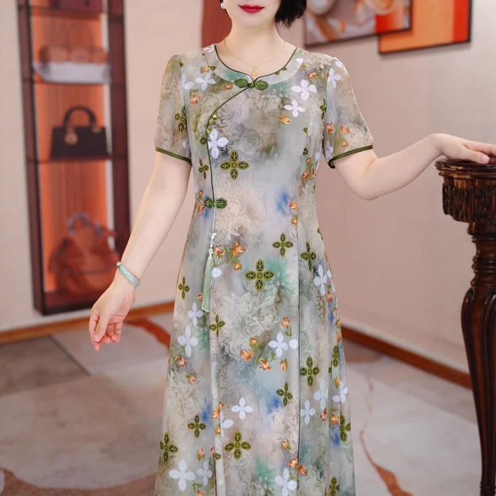 显瘦清爽绿改良旗袍女夏款妈妈装C复古优雅气质薄款短袖连衣裙女