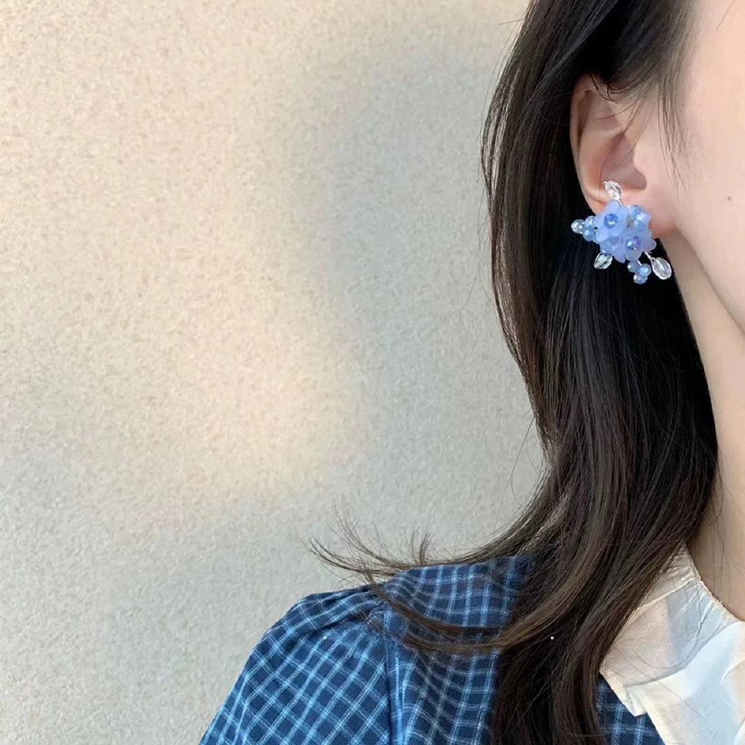 铜合金耳饰 1006清凉感蓝色串珠耳钉小众设计高级感耳环度假风