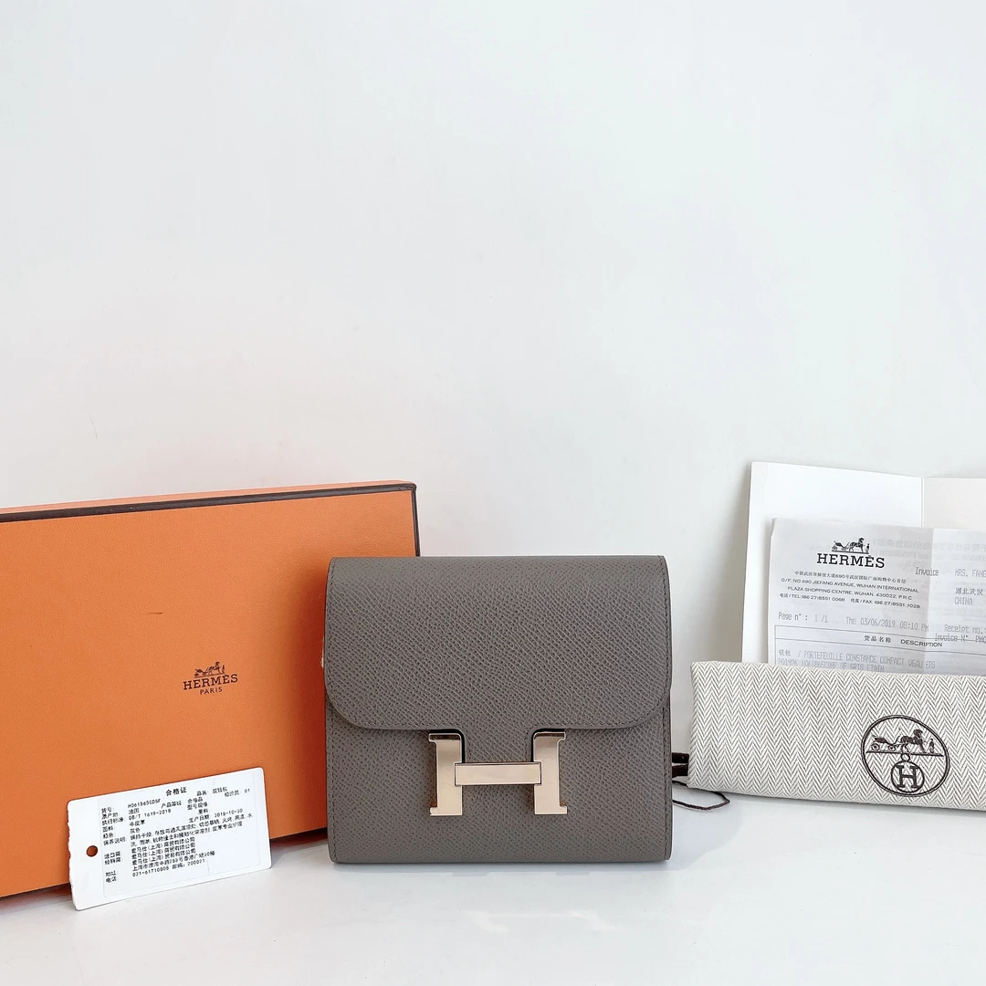 95新 Hermes/爱马仕 Constance康康钱包 8F 锡器灰 Epsom D刻