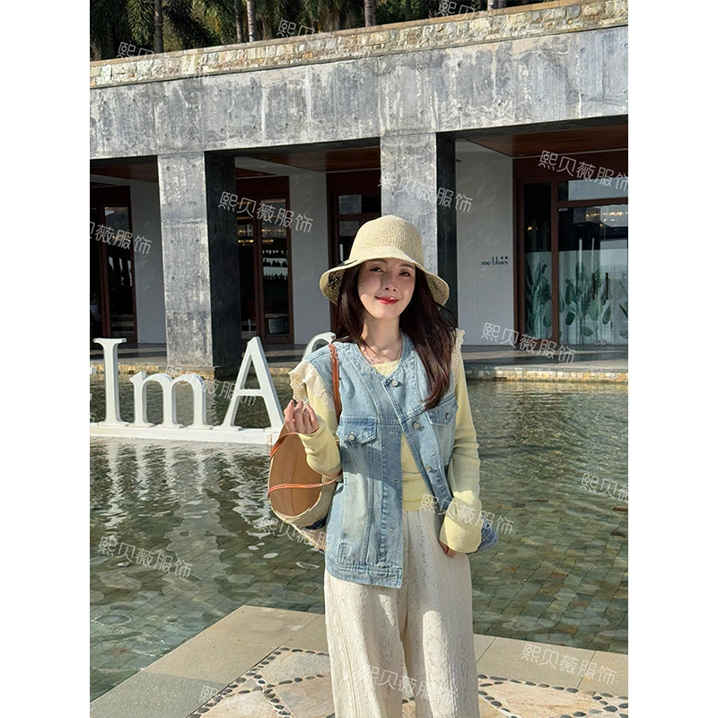 熙贝薇5 早春新款蕾丝袖设计感百搭气质无袖百搭牛仔马甲 G7212