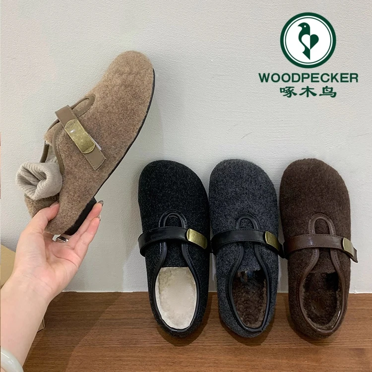 啄木鸟百搭毛毛鞋女外穿2025秋冬新款勃肯鞋魔术贴加绒玛丽珍棉鞋