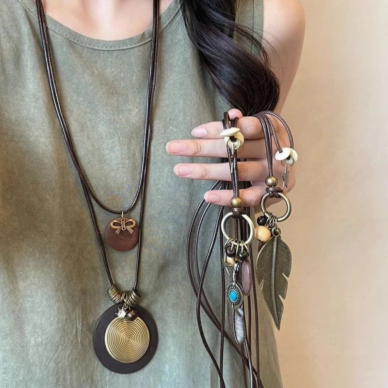 新中式禅意长款羽毛项链女复古民族风装饰项链轻奢小众高级感