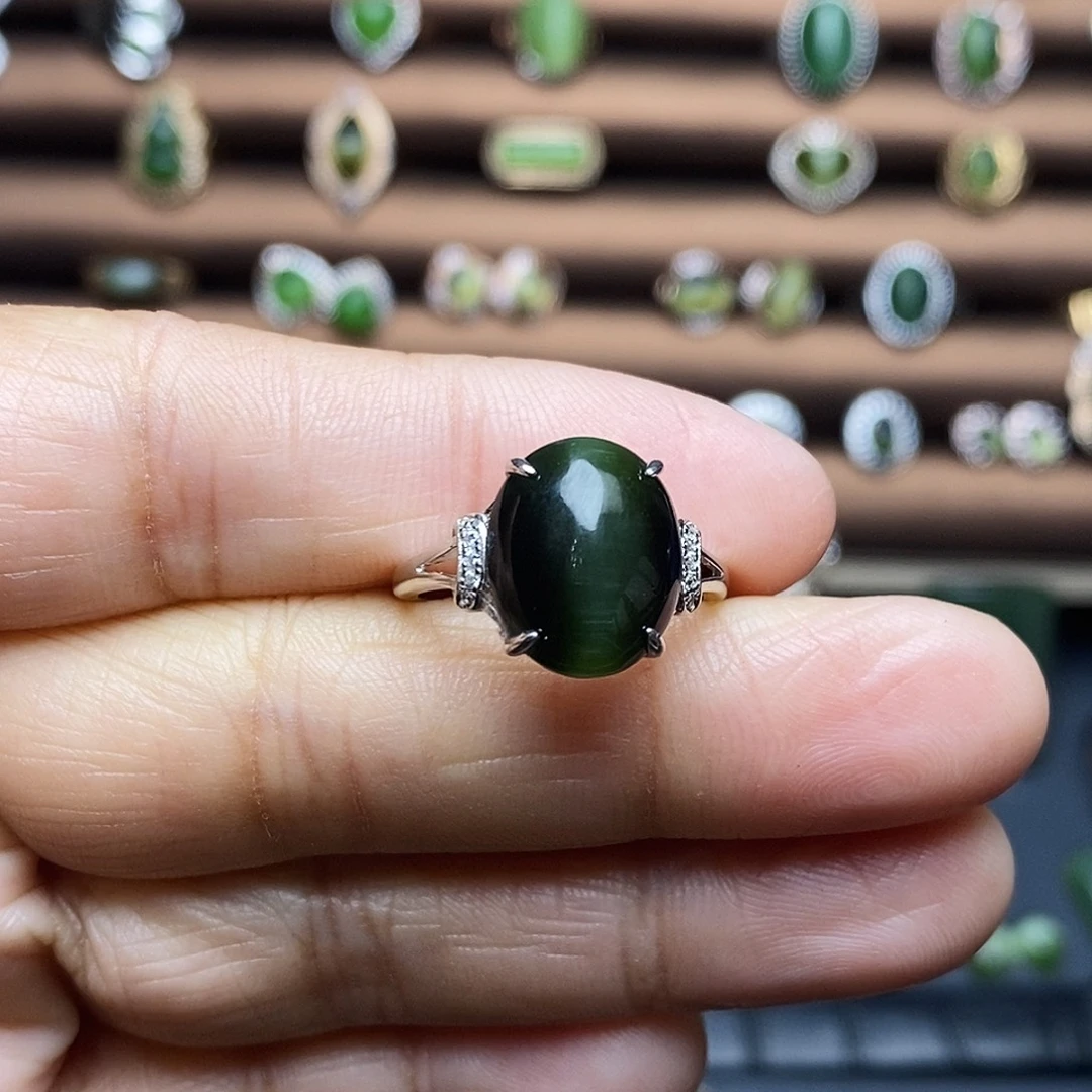 吊坠(不含链)银S925镶嵌和田玉（碧玉）戒指