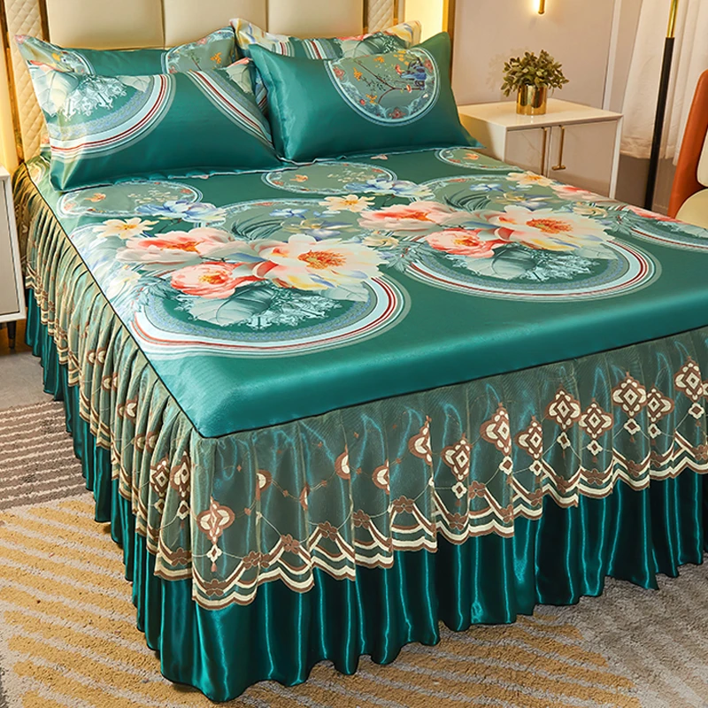 冰丝软凉席加厚床裙式三件套夏季床罩套蕾丝花边新款凉感防滑专用