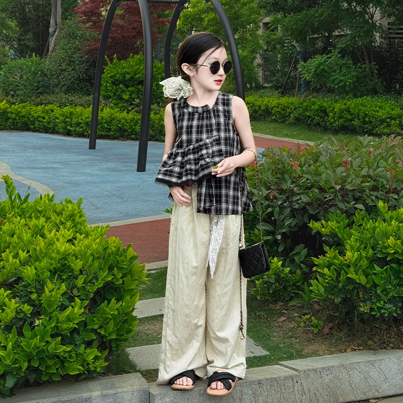 女童夏季2025新款洋气时髦穿搭不规则格子背心裙休闲阔腿裤两件套