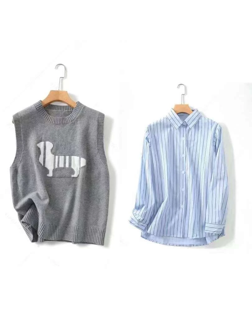 多肉宝贝！时髦减龄卡通提花新款针织马甲衬衫套装y004