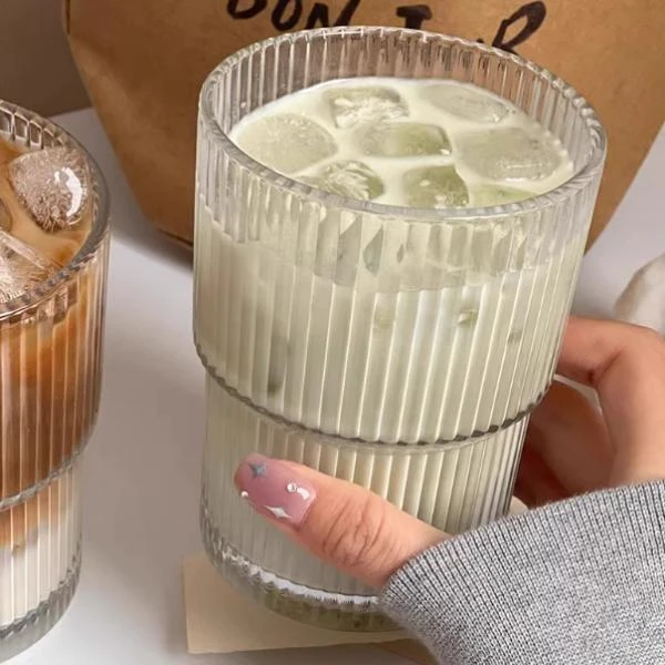 ins竖条纹玻璃咖啡杯无盖家用水杯家用高颜值冰美式拿铁牛奶杯