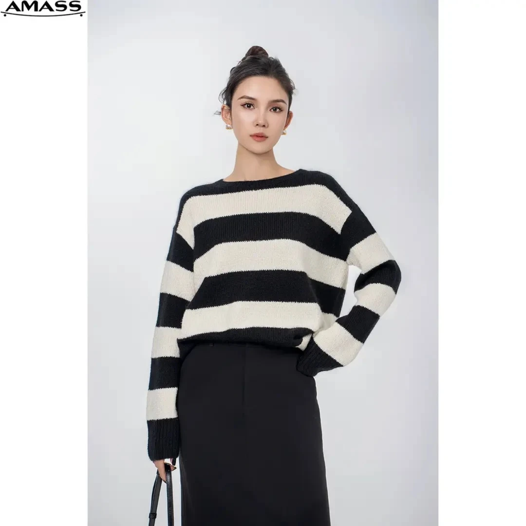 AMASS/阿玛施秋冬百搭时尚圆领条纹宽松套头长袖针织衫女 5399748