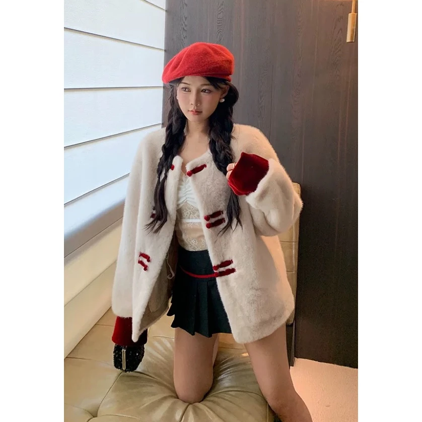 妮妮家0108国风新中式盘扣撞色皮毛一体上衣外套