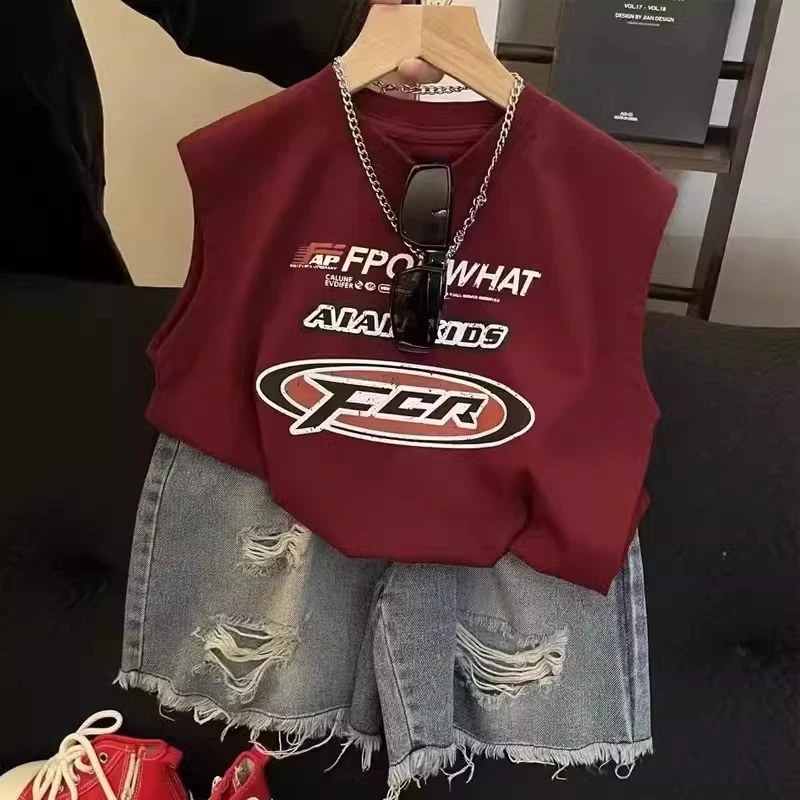 2025夏季新款男童韩范宽松背心上衣中小童帅气时髦棉无袖T恤衫