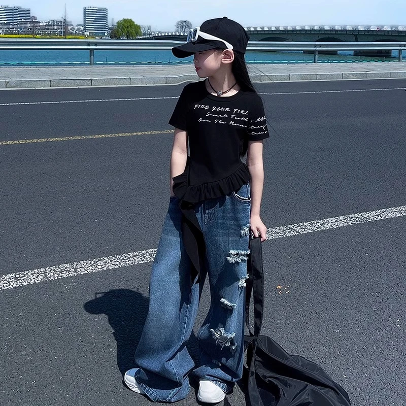 女童洋气设计不规则短袖T2025夏装新款儿童破洞牛仔裤时尚两件套