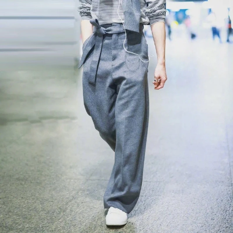 井柏然同款春秋时髦宽松羊毛呢飘带阔腿裤男cheanfit直筒裤长裤厚