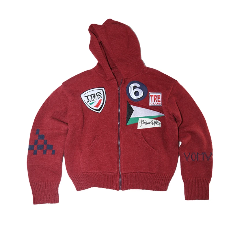 treclub25SS巴音布鲁克贴布贴花红色宽松美式毛衣针织开衫连帽