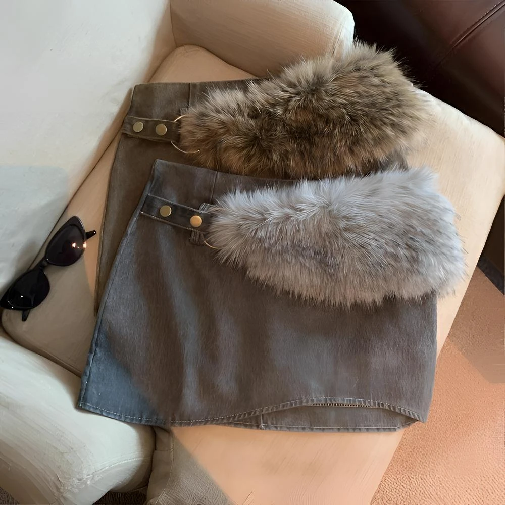 秋冬新款复古辣妹风毛毛腰带休闲时尚短裙小众设计感显瘦半身裙女