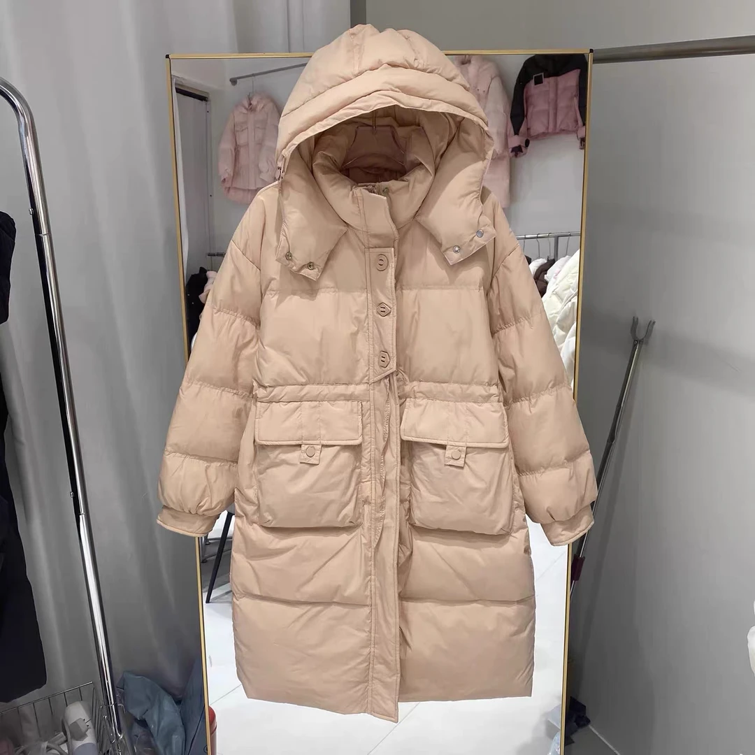 冬季女款韩版中长款连帽加厚白鸭绒收腰保暖羽绒服