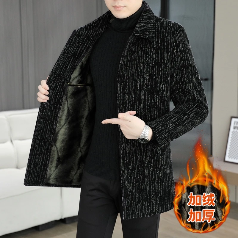 冬季中长款雪尼尔男士毛呢大衣条纹翻领加绒加厚保暖潮流男士外套