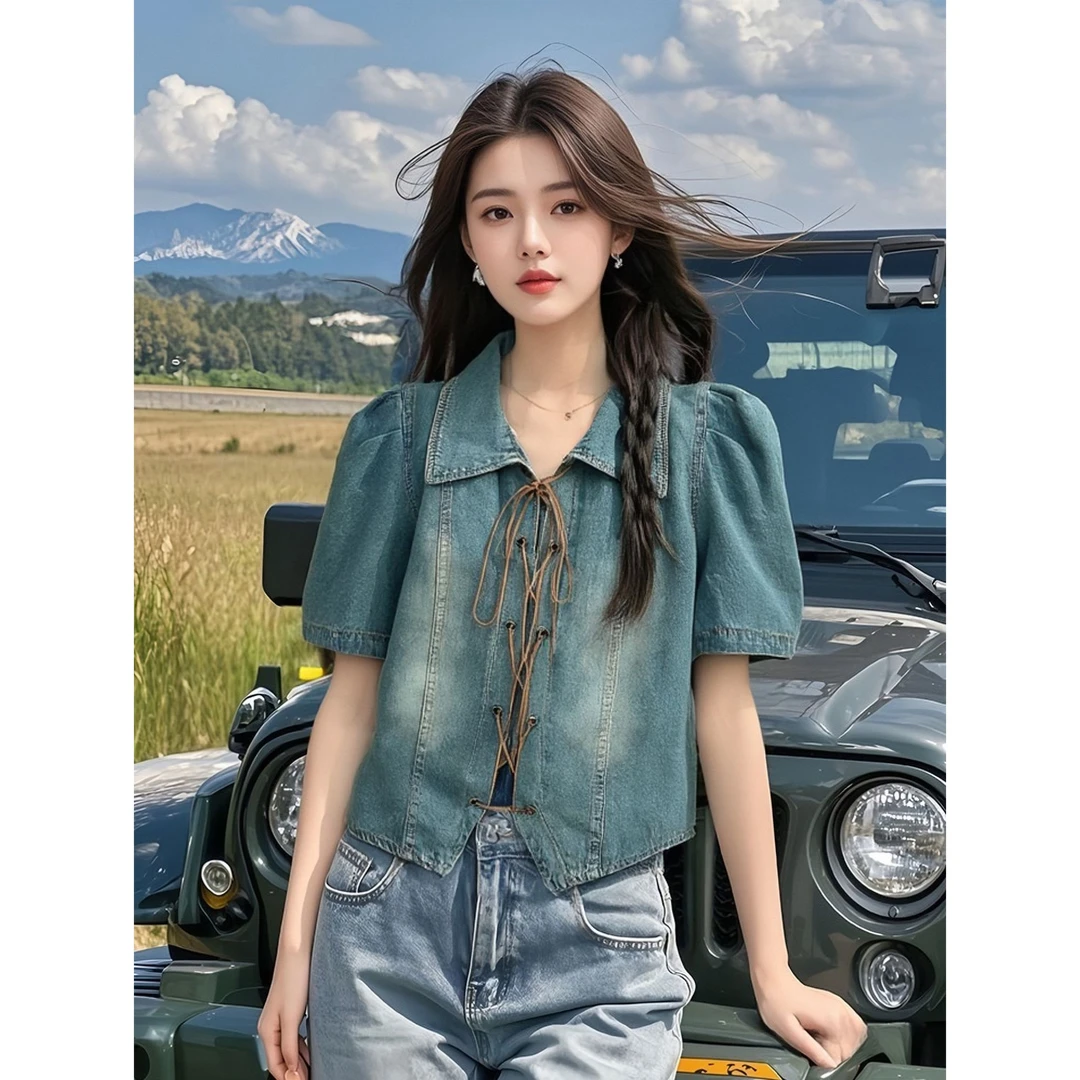 纯欲风夏季新款2025年韩版百搭显瘦女装牛仔蓝上衣短款气质衬衫