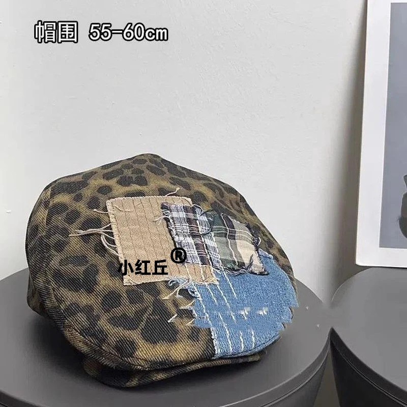 美式复古豹纹鸭舌前进帽女千禧辣妹补丁画家报童帽子显脸小贝雷帽