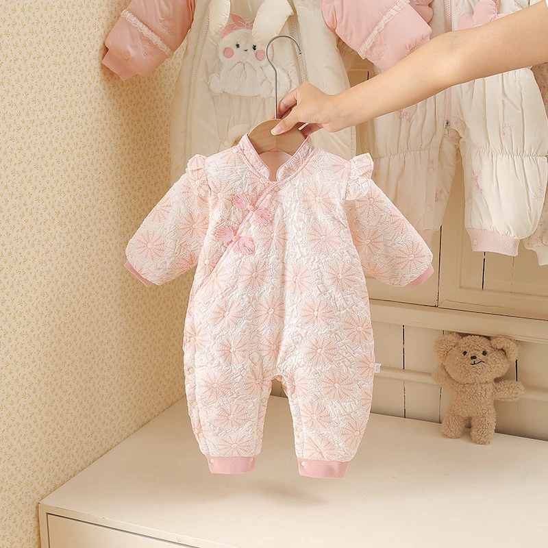 旗袍花之语夹棉冬款婴童棉服连体衣新生儿类宝宝爬爬服加厚保暖