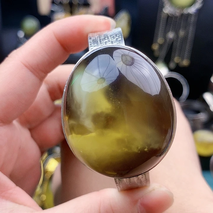 琥珀裸石银S925镶嵌手镯