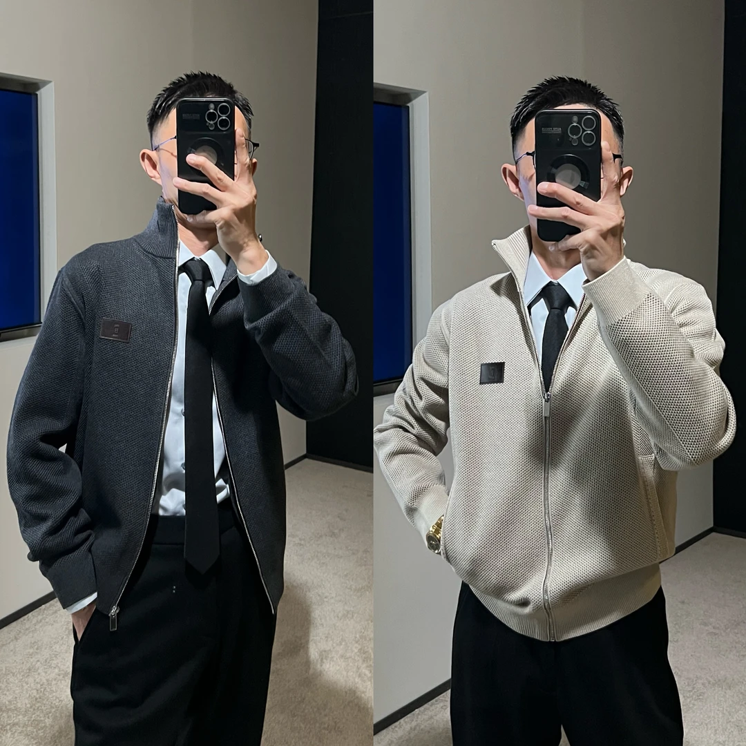 【嵿奢】BU*T秋冬 935克桑蚕丝绵羊毛混纺立领针织开衫毛衣夹克男士