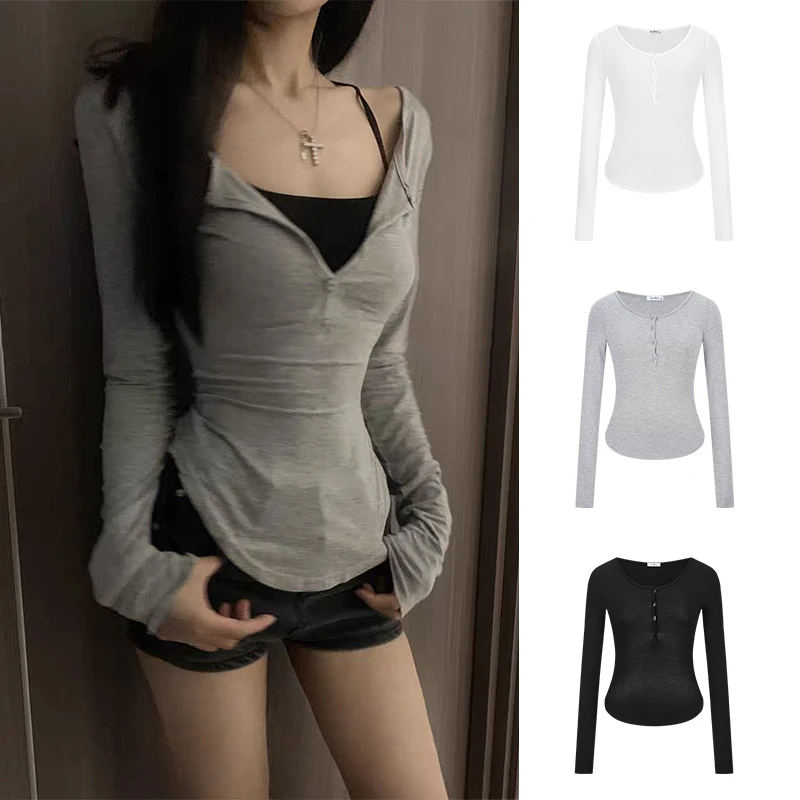 Moses Queen/魔西女王纯欲风性感辣妹U领长袖t恤女秋别致打底上衣
