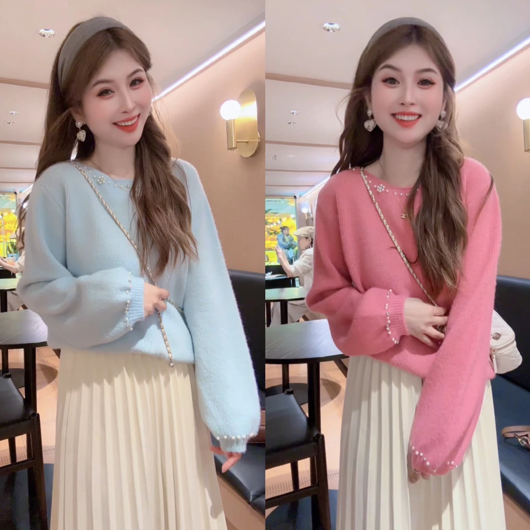 韩系圆领水貂绒毛衣女秋冬2025新款慵懒风套头软糯内搭针织打底衫