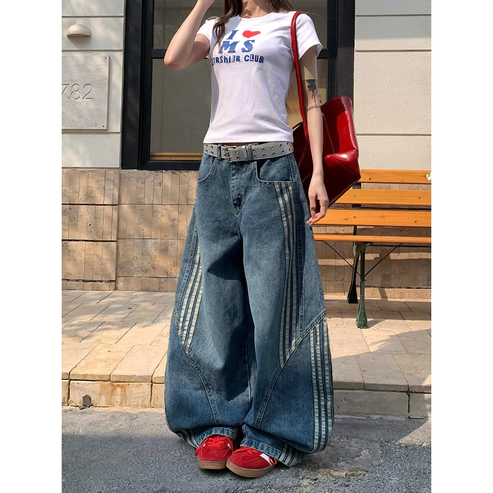 三条杠条纹拼接解构弯刀牛仔裤女夏季新款美式复古水洗阔腿长裤子