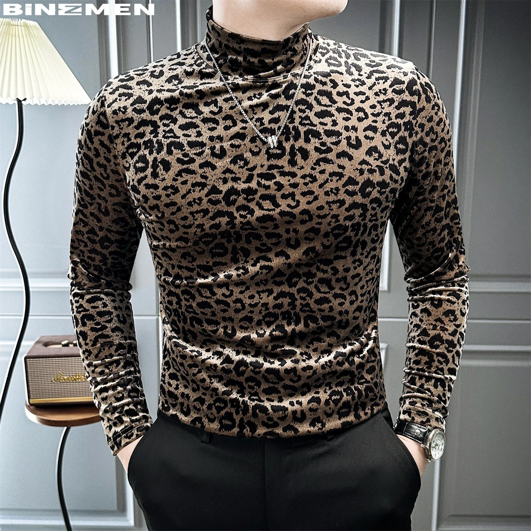 个性豹纹半高领打底衫男款秋冬款长袖修身休闲上衣男士打底衣内搭