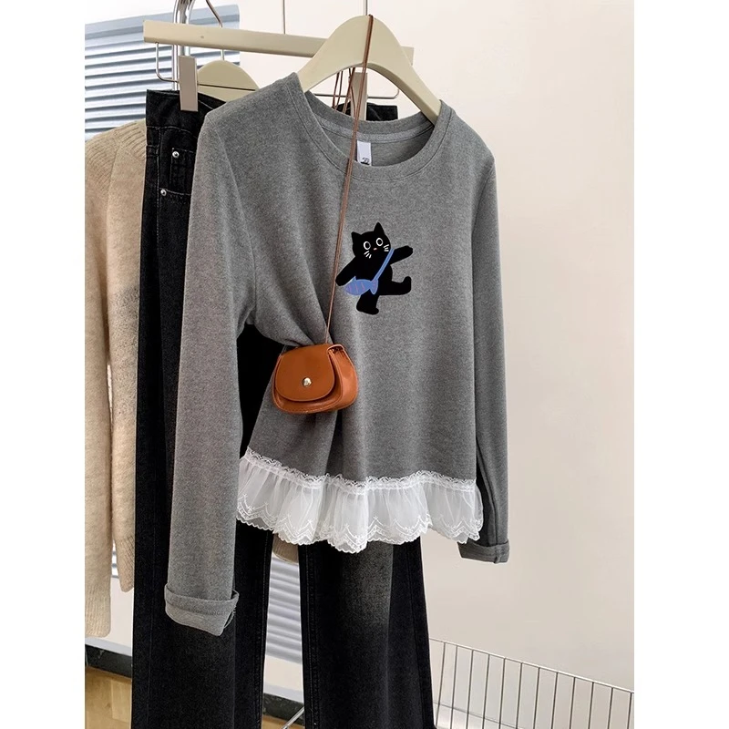胖妹妹240斤大码韩系卡通蕾丝下摆磨毛长袖上衣女春秋圆领内搭T恤