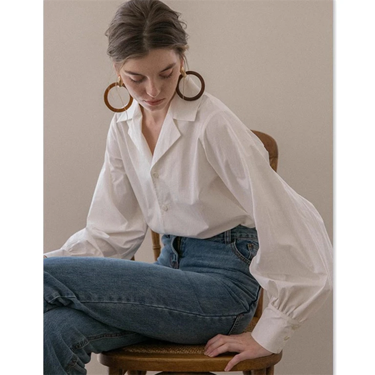 法式v领白色衬衫女春秋小个子内搭叠穿衬衣宽松职业通勤长袖上衣