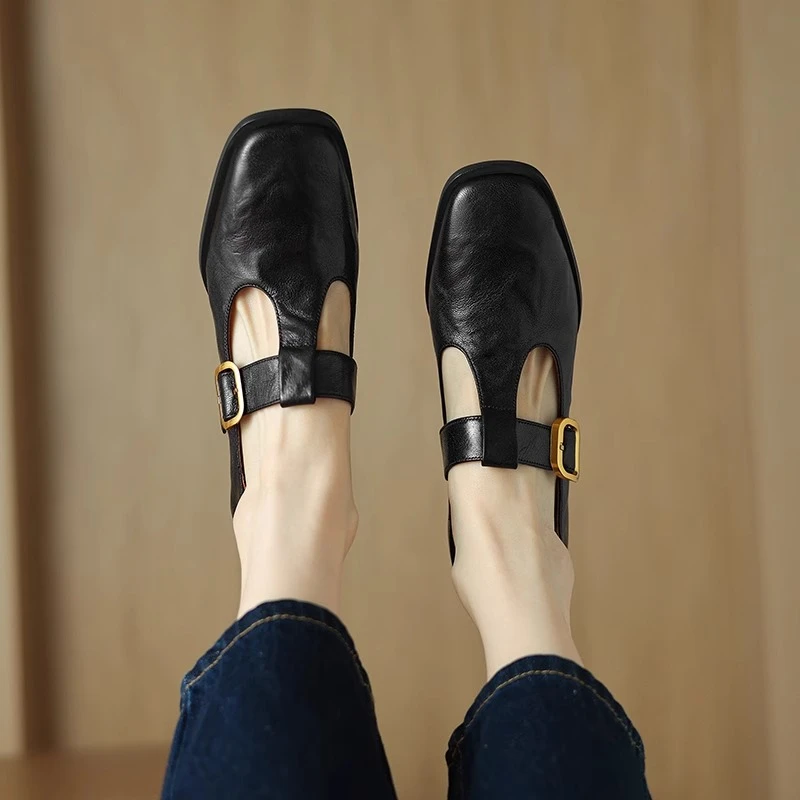 羊皮断码清仓真皮2025年春新款方头浅口单鞋女粗跟玛丽珍鞋小皮鞋