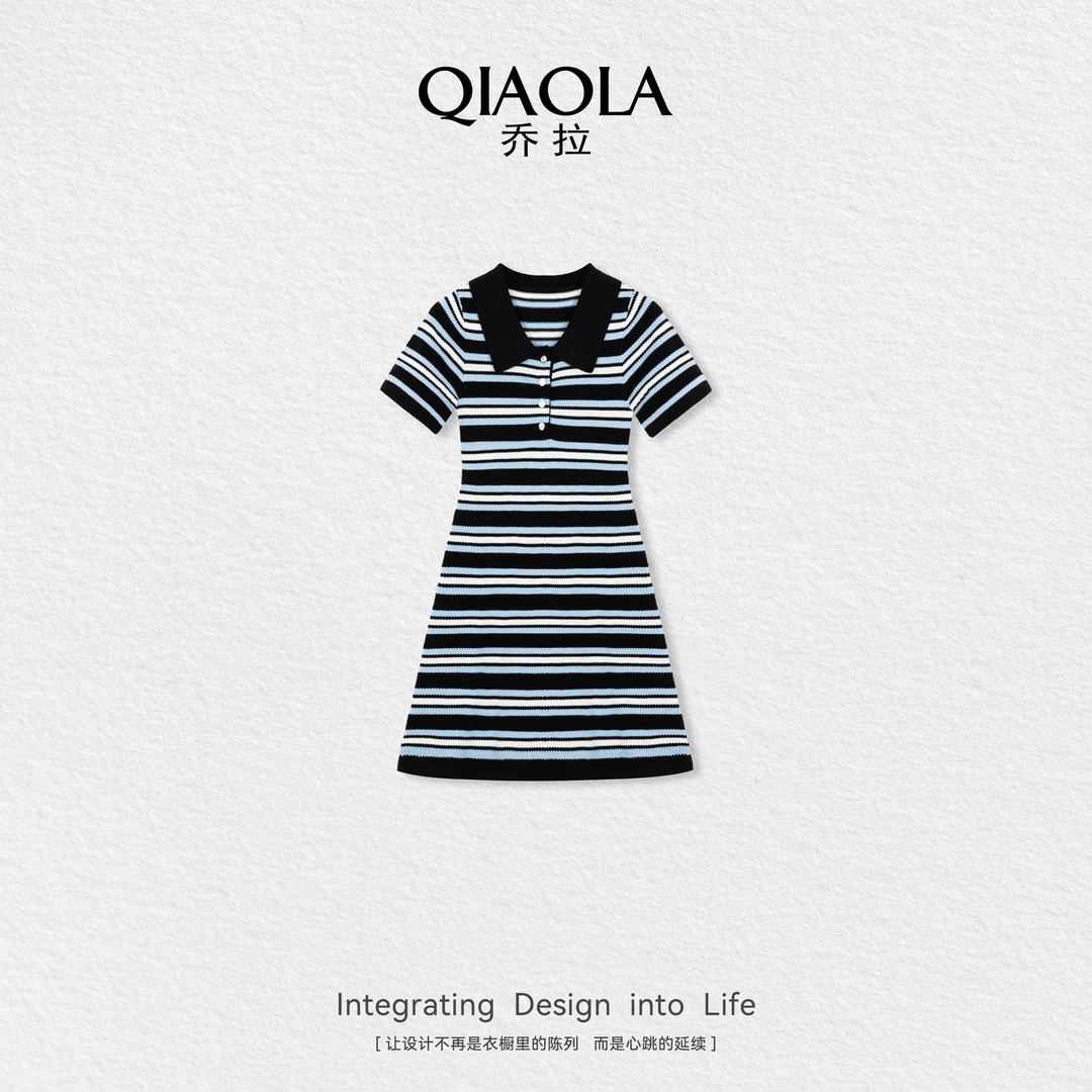 QIAOLA/乔拉【水星环游】夏季新款翻领设计优雅显瘦毛织连衣裙预售