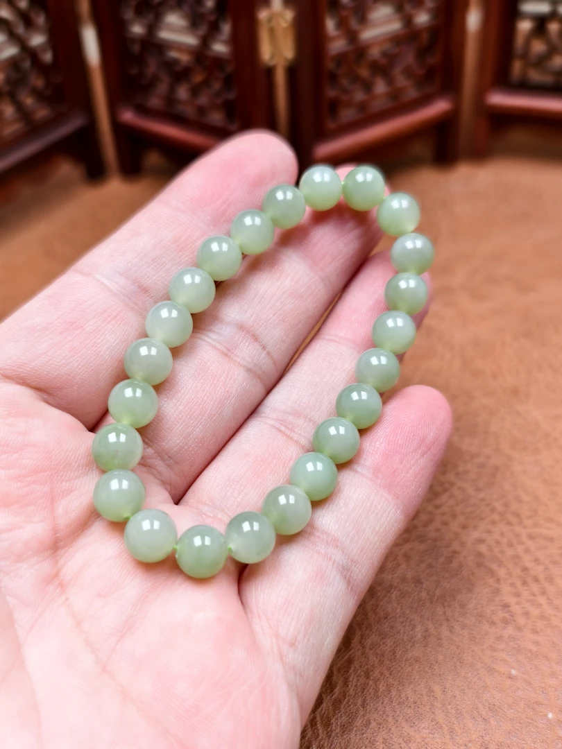 和田玉青海翠青卡八圆珠单圈手串素圈