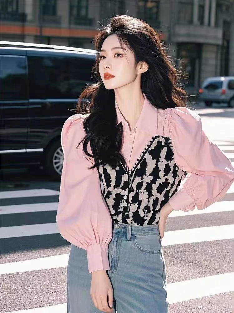 粉色高级感拼接假两件长袖衬衫女春秋季设计感别致超好看漂亮上衣