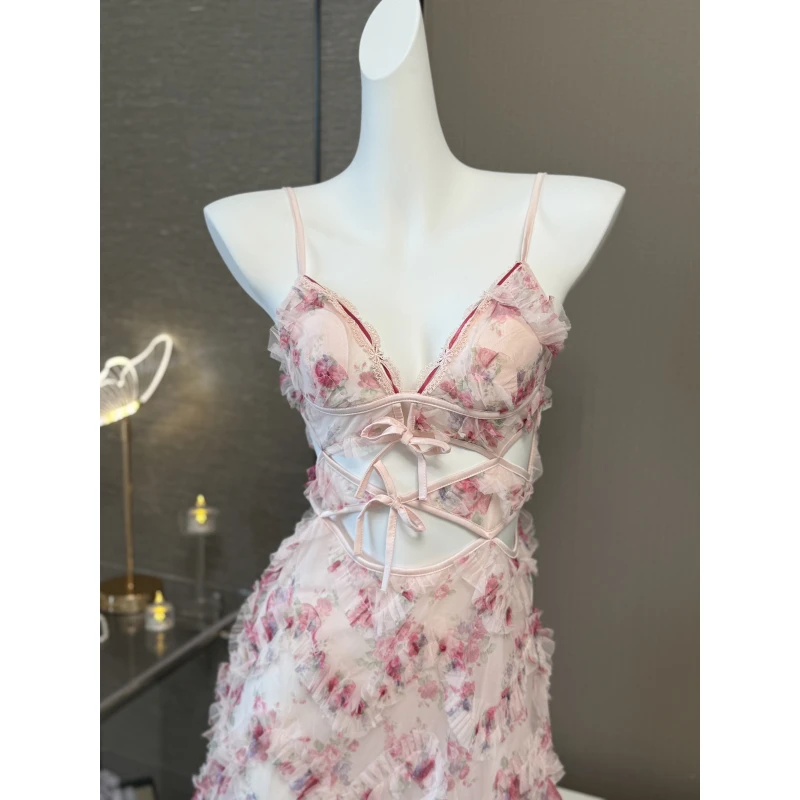 法式复古花朵内衣女性感无钢圈薄款聚拢睡衣套装