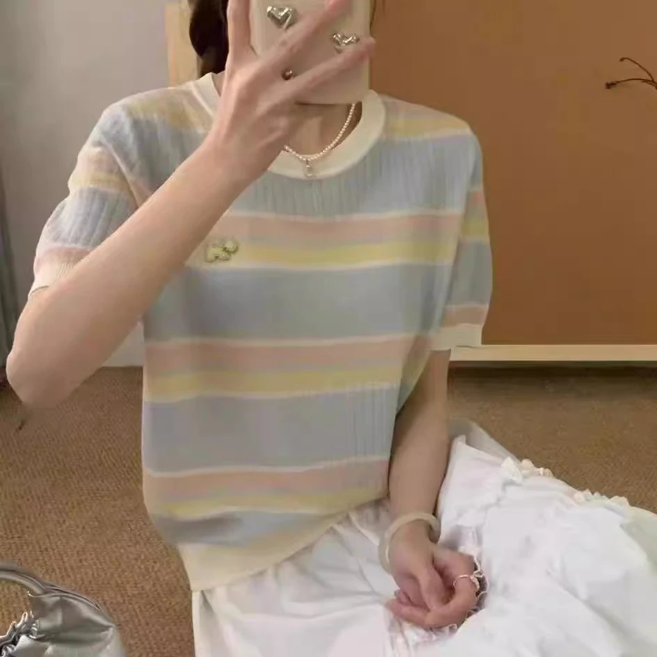 【彩虹小狗-蓝】夏季短袖洋气针织衫体恤衫宽松气质休闲百搭