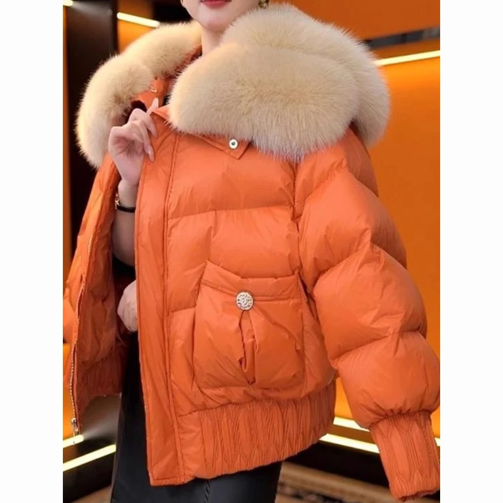 2025冬季新款大毛领短款棉衣精致纽扣口袋设计保秋冬时尚活力造型