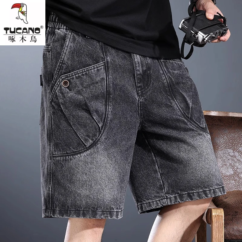 高端重磅牛仔短裤男夏季水洗做旧美式复古五分裤宽松潮流工装中裤
