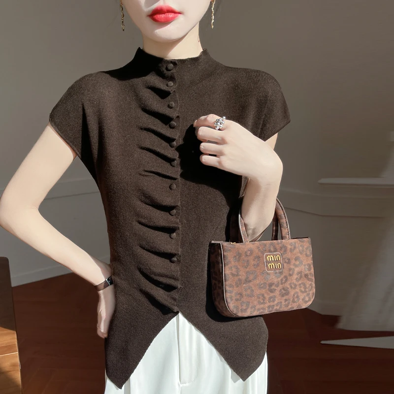 设计感精纺羊毛开衫半高领短袖女褶皱不规则气质显瘦针织T恤上衣