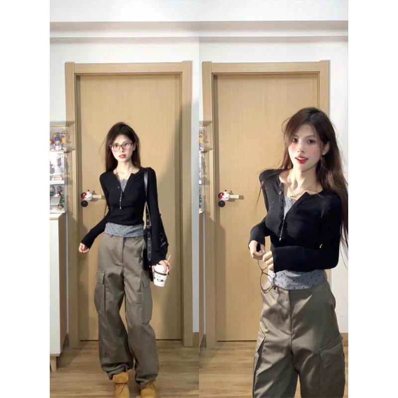 辣妹波点假两件领长袖恤女秋季新款别致紧身短款辣妹黑色带胸垫