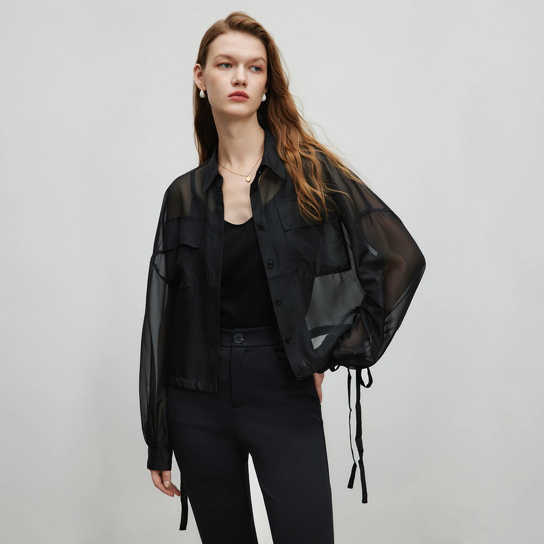 气质长袖外套女夏季时尚百搭下摆抽绳微透薄款宽松短上衣