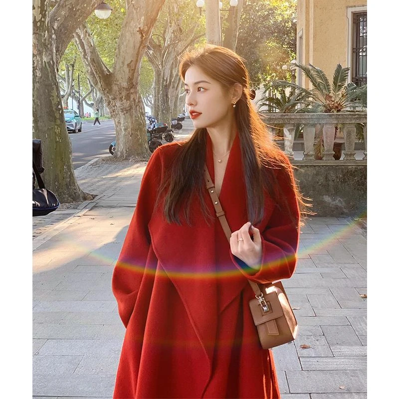 婚庆双面大衣女2025冬季高级感圣诞红色中长款慵懒风宽松毛呢外套