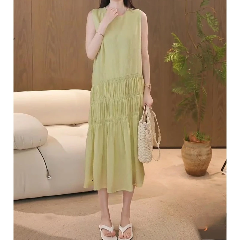 韩系圆领褶皱显瘦背心连衣裙女夏季新款气质修身中长款无袖裙