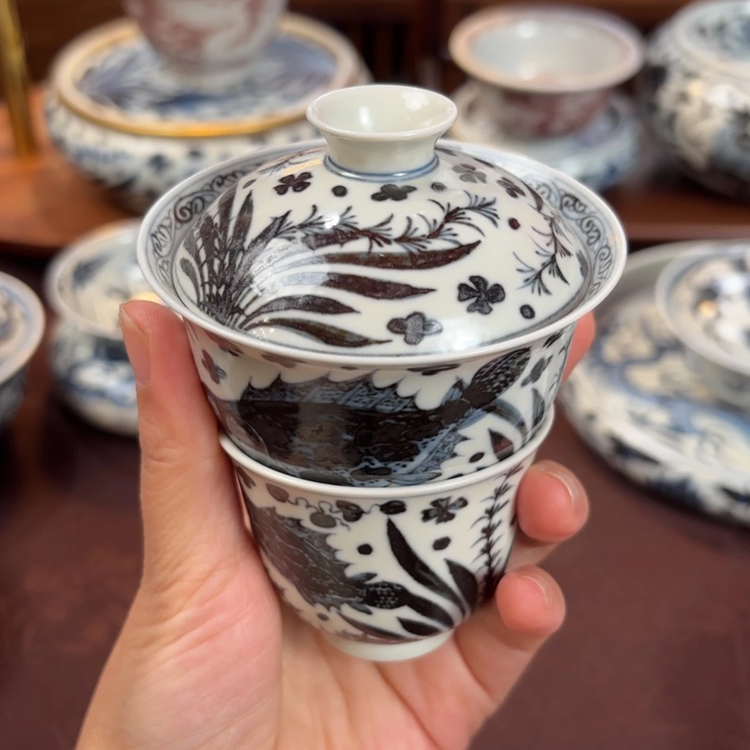 秦***伟陶鱼藻盖碗博陵造物杯子