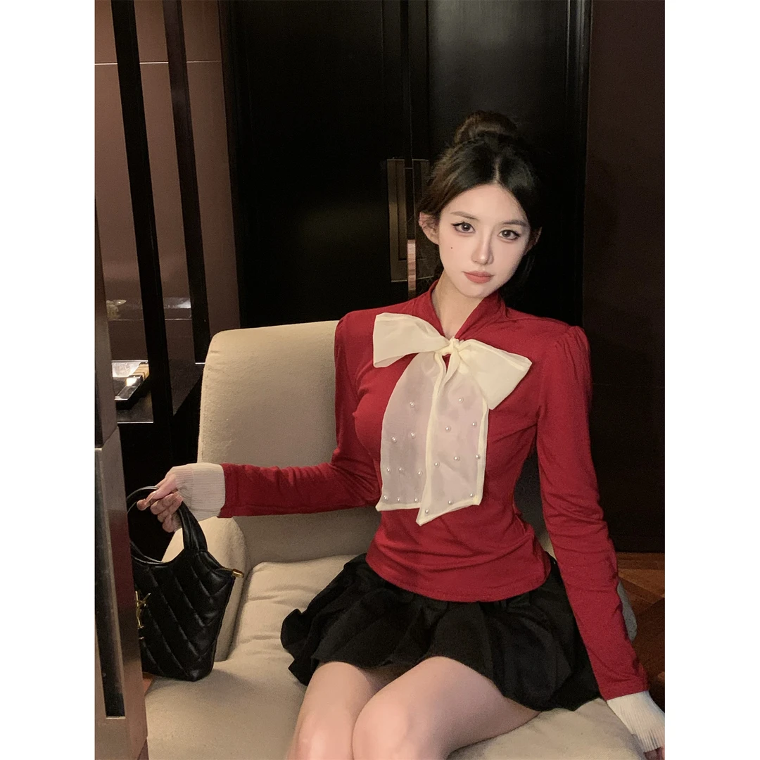 衬衫气质长袖复古小众设计感富贵千金小姐珍珠蝴蝶结修身显瘦上衣