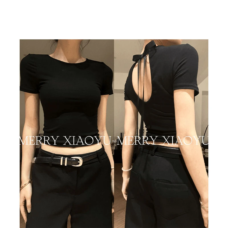 黑色短袖正肩t恤女夏季2025新款修身显瘦辣妹短款上衣设计感小众
